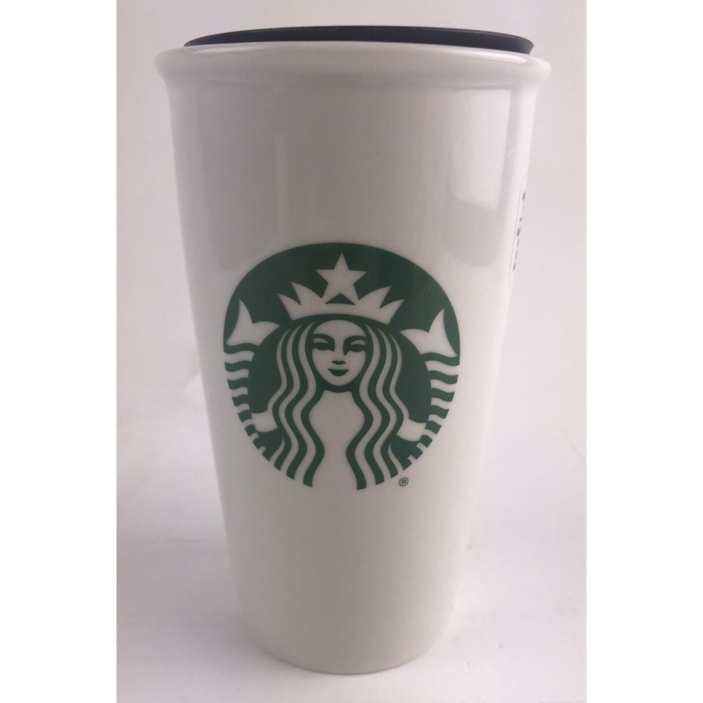 Starbucks Green Mermaid Logo Ceramic Travel Mug 12 oz White Tumbler 2016 Tall